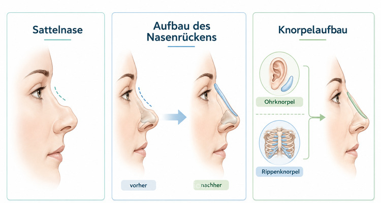 Sattelnase korrigieren – Aufbau des Nasenrückens mit Ohrknorpel oder Rippenknorpel