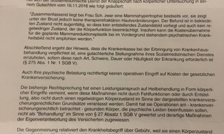 Brustverkleinerung von 95H bei 70kg - Ablehnung der Krankenkasse - 27100