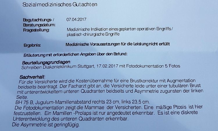 Tubuläre Brust: Leistungsantrag abgelehnt - 27355